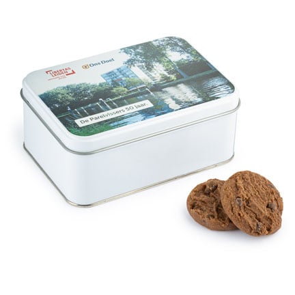 Koekblikje met logo als relatiegeschenk
