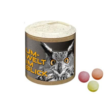 Kartonnen snoepblikje zuurtjes met logosticker