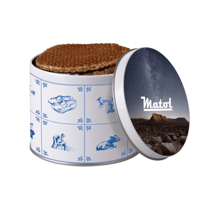 Delftsblauw stroopwafelblik met logo op de deksel