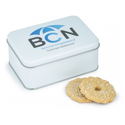 Koekblikje met logo op de deksel als relatiegeschenk