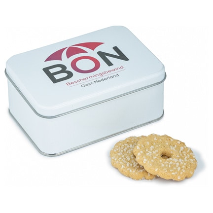 Gepersonaliseerd koekblikje met geprint logo op de deksel