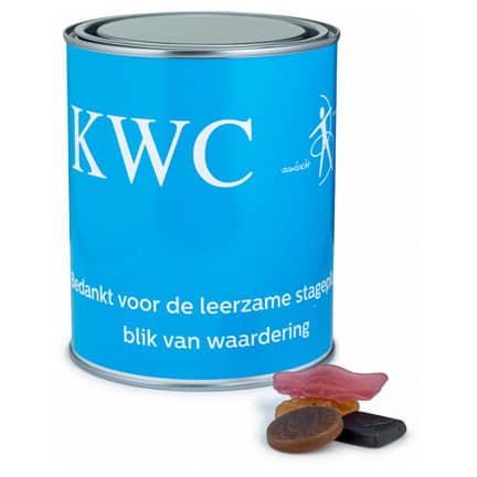 Snoepblik van 1 liter met eigen logowikkel