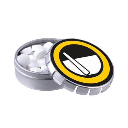 Pepermuntblikje met logo op de deksel