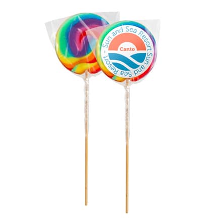 Regenboog lolly met logosticker als smaakvolle promotie