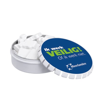 Pepermuntblikje met full colour bedrukte deksel gevuld met vorm mints naar keuze