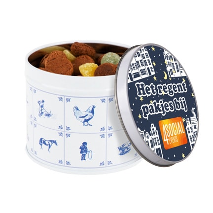 Delftsblauw blik strooigoed met logodeksel voor Sinterklaas