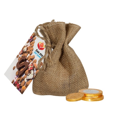 Jute zakje chocolade munten met logokaartje voor Sint