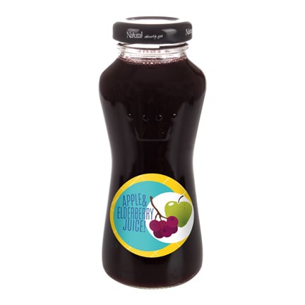 Flesje appel-vlierbessap met logo als promotionele dorstlesser