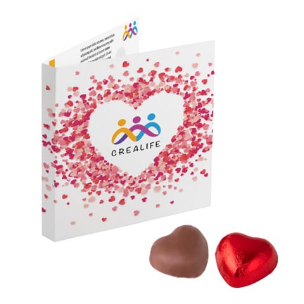 Bedrukte vouwkaart met chocolade hartje als promotioneel bedankje