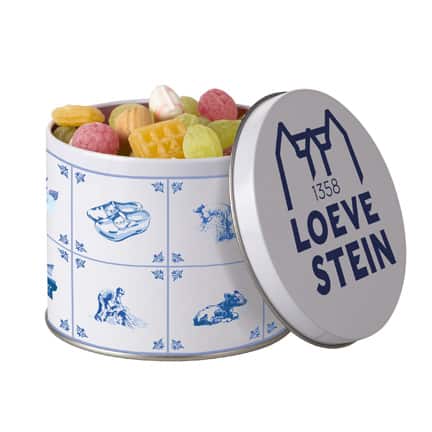 Delftsblauw snoepblik met logo op de deksel als relatiegeschenk