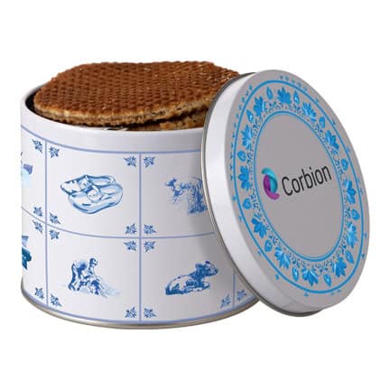 gepersonaliseerd Delftsblauw stroopwafelblik met logo op de deksel