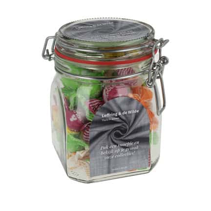 Stoere vierkante weckpot met eigen bedrukking als relatiegeschenk