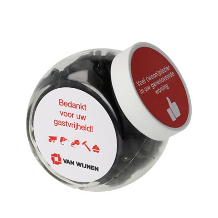 Logo snoeppot gereedschapdrop als bedankje voor cliënten