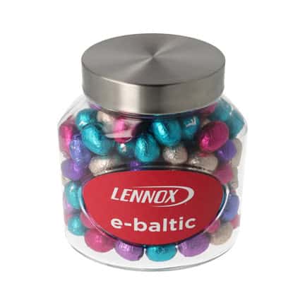 Ovale snoeppot met logo gevuld met paaseitjes voor Pasen