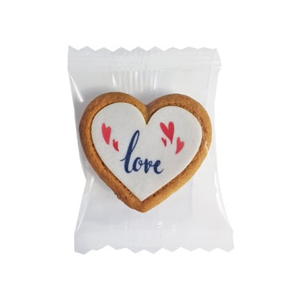Hart koekje met logo per stuk verpakt als promo koekje