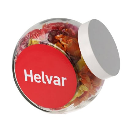 Grote glazen logo Snoeppot met fruittoffees als relatiegeschenk